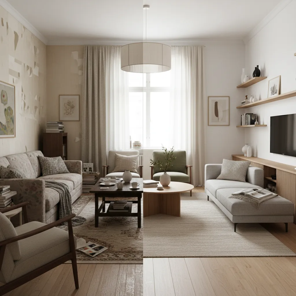 Living room house renovation comparison showing old and renovated interior