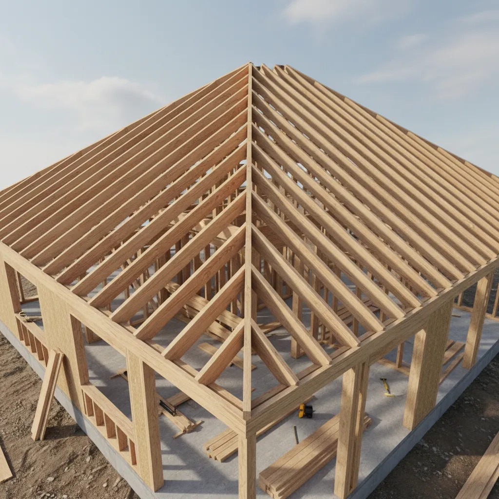 3D visualization of house roof framing structure during construction