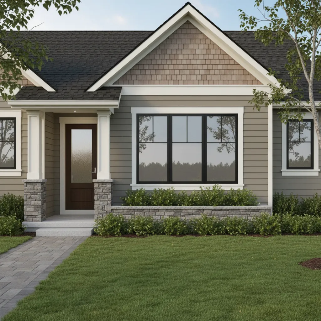 residential house facade showing different siding materials and textures