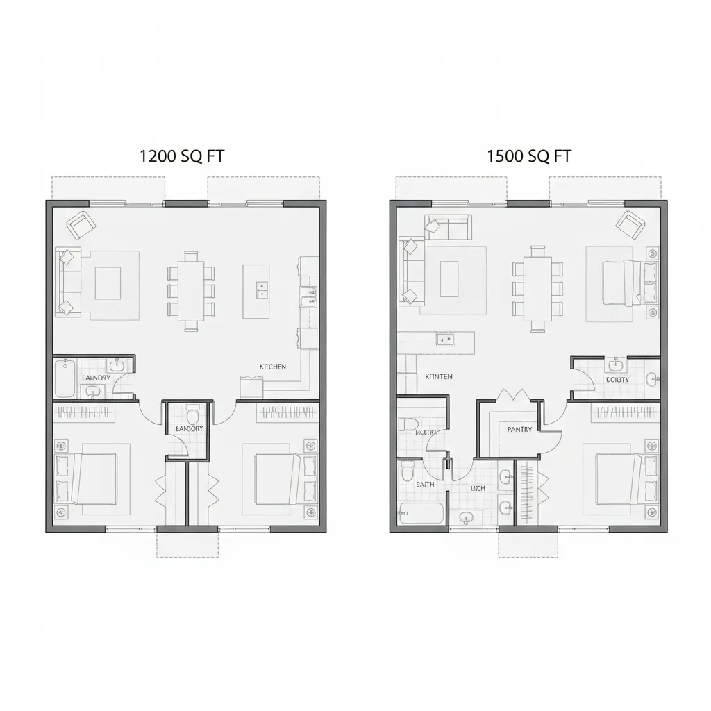 Top view floor plan comparison between 1200 sq ft and 1500 sq ft houses