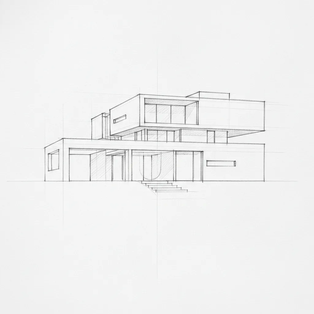 Boceto conceptual de una casa moderna con líneas simples y distribución básica