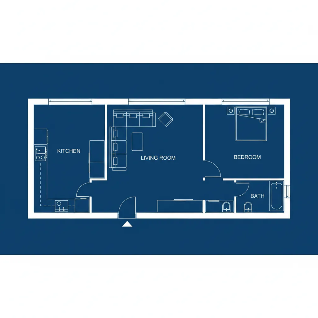 Plano de distribución de espacios en una casa con sala cocina dormitorios
