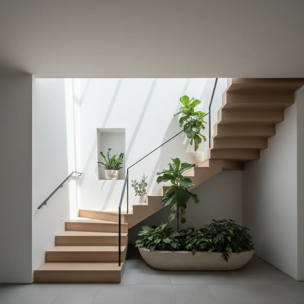 Modern wooden staircase with indoor green plants white walls and natural light from roof window