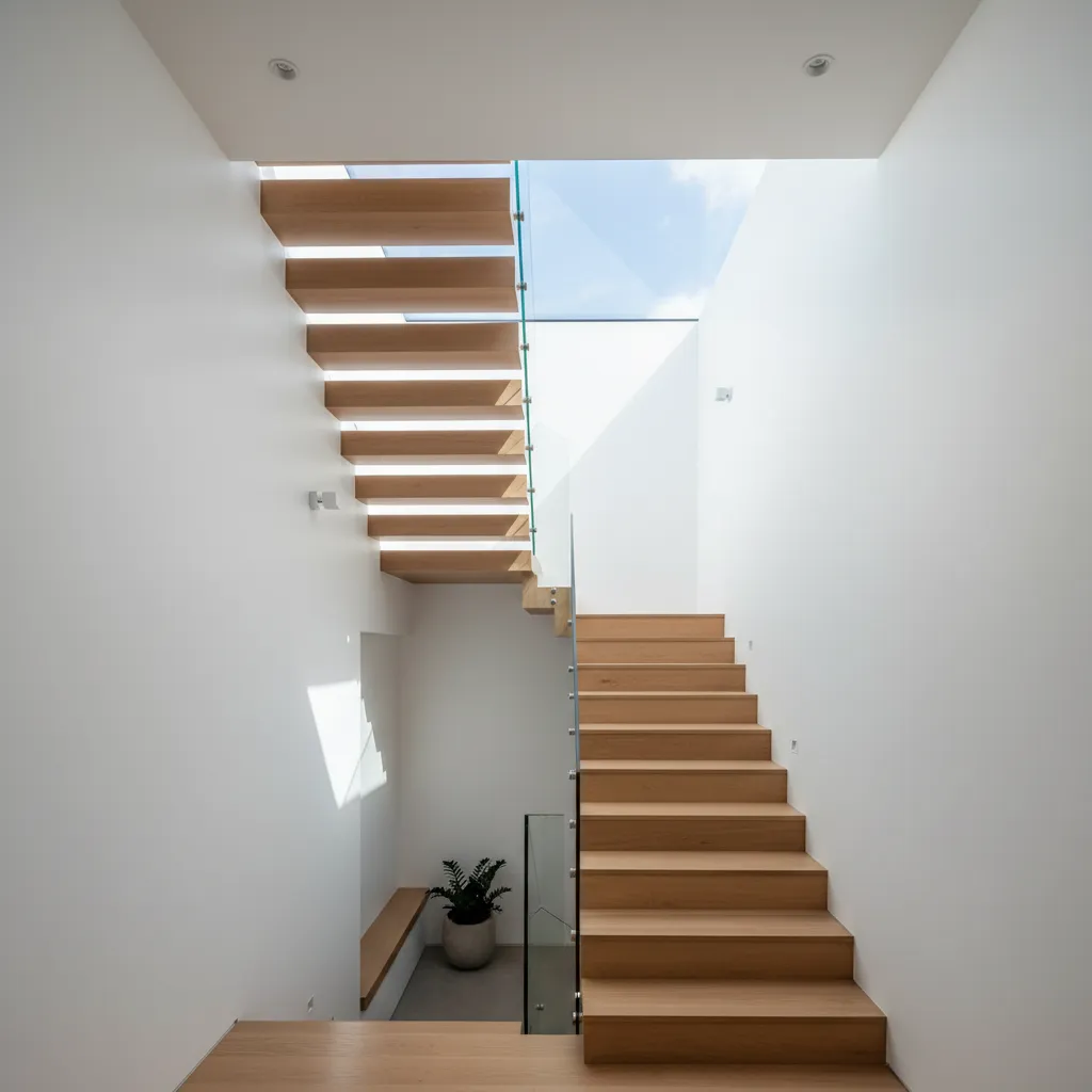 Modern wooden staircase with glass railing leading up to a roof window in white hallway