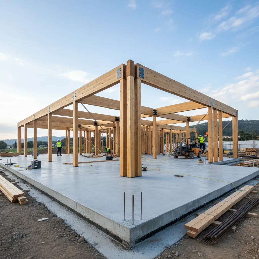 Estructura de una vivienda construida sobre una losa de cimentación