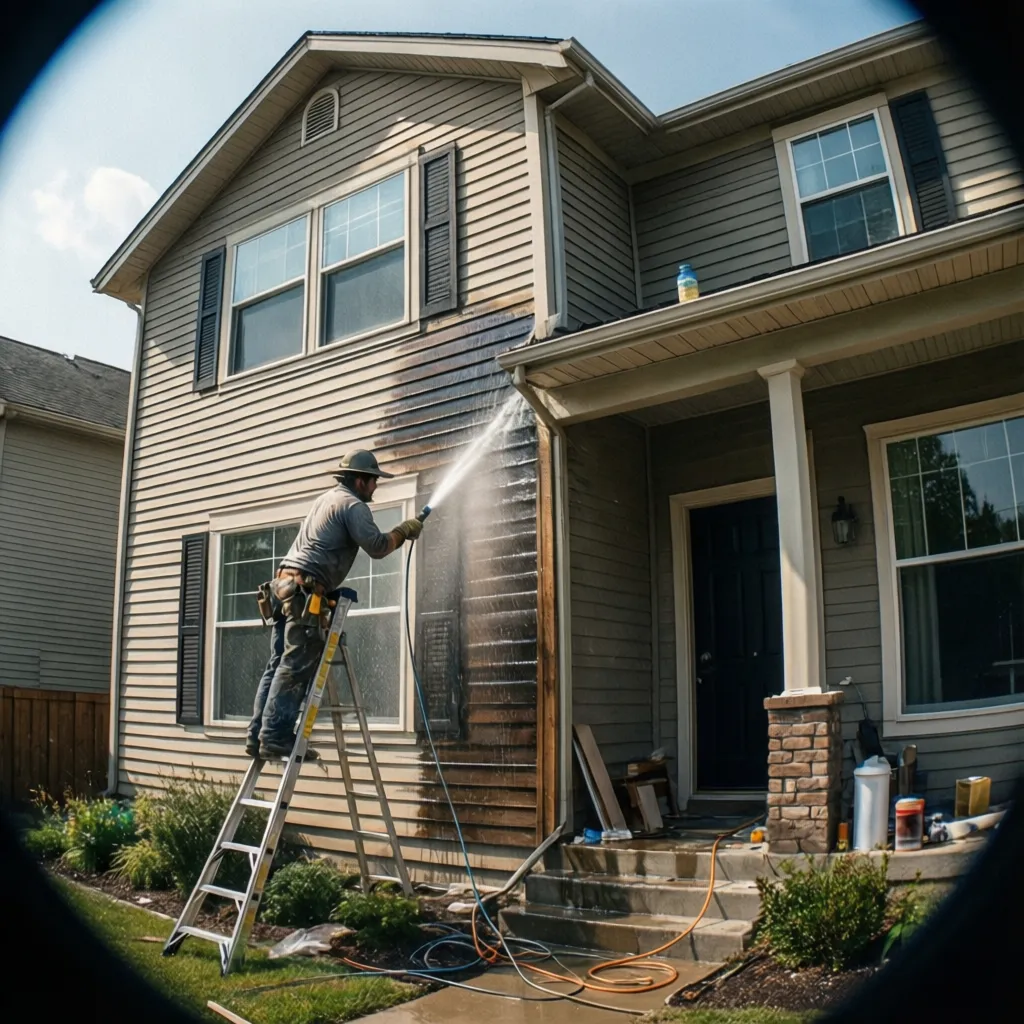 Power washing and sanding exterior walls before repainting a house