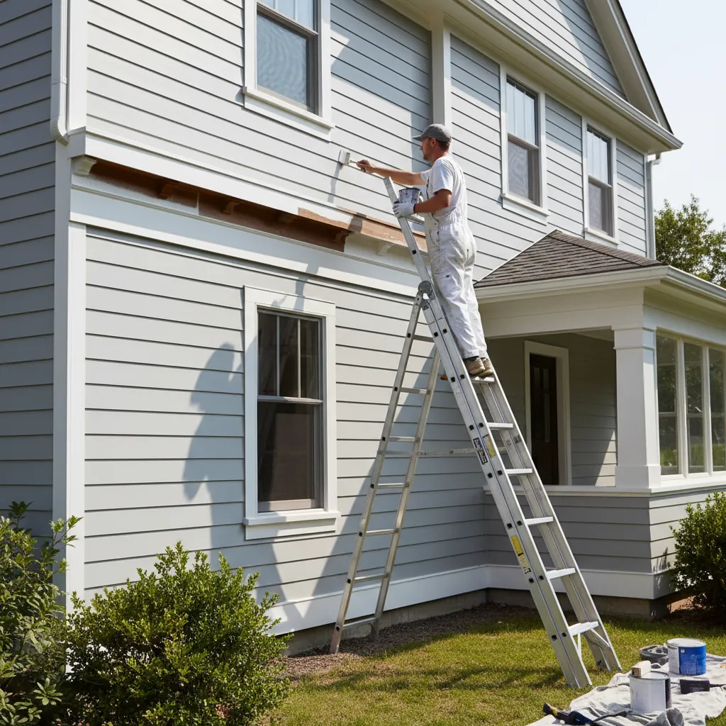 Painter repainting exterior trim and fascia on a residential house