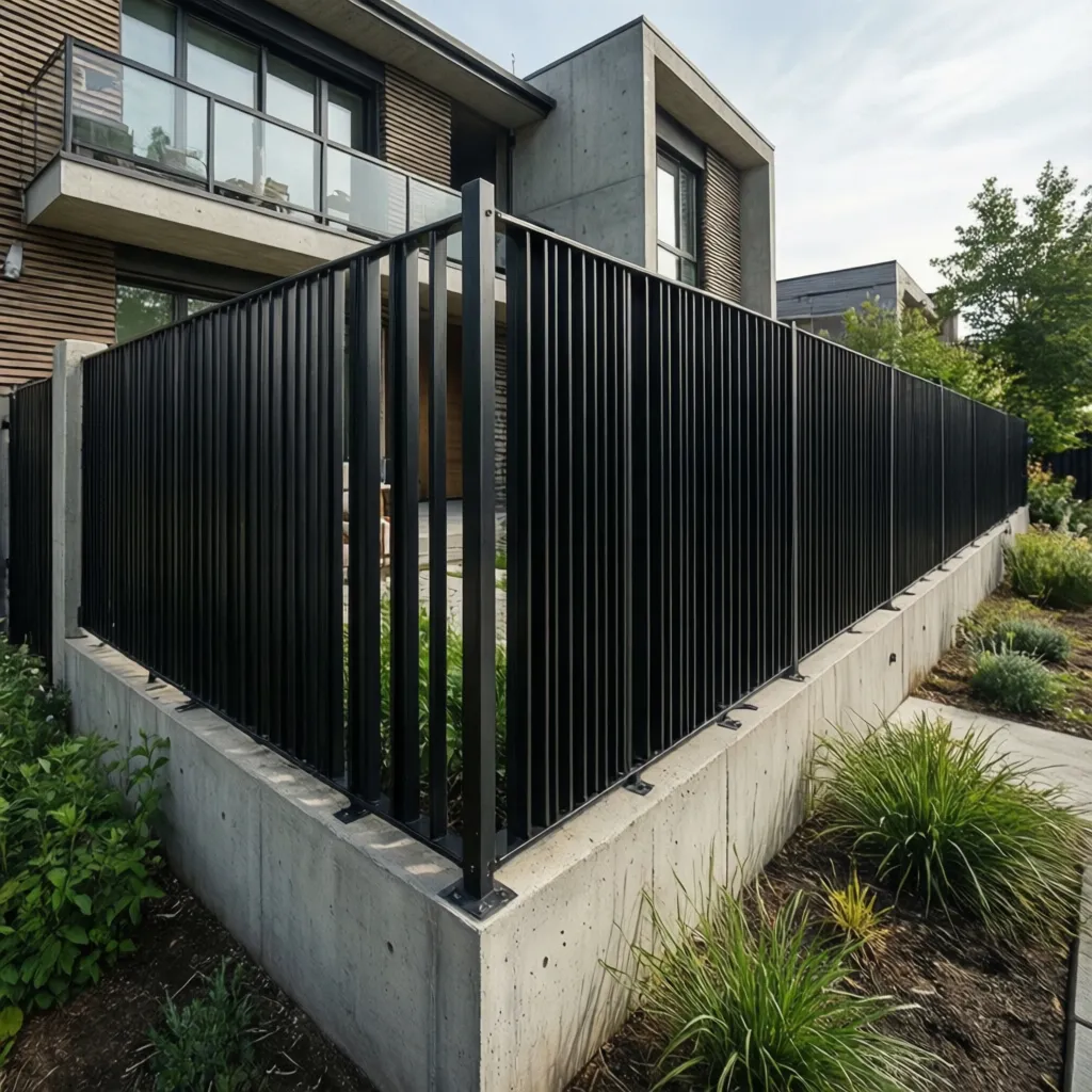 Barda residencial con paneles metálicos y diseño moderno