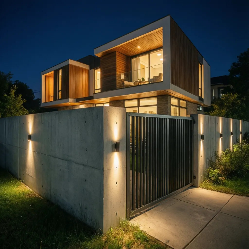 Tapia moderna con iluminación exterior nocturna