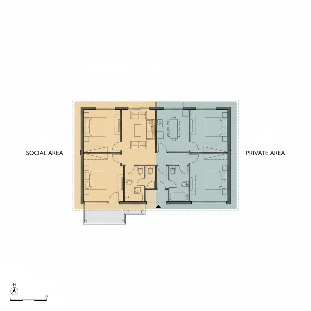 diagrama de planta mostrando zonas social e íntima da casa
