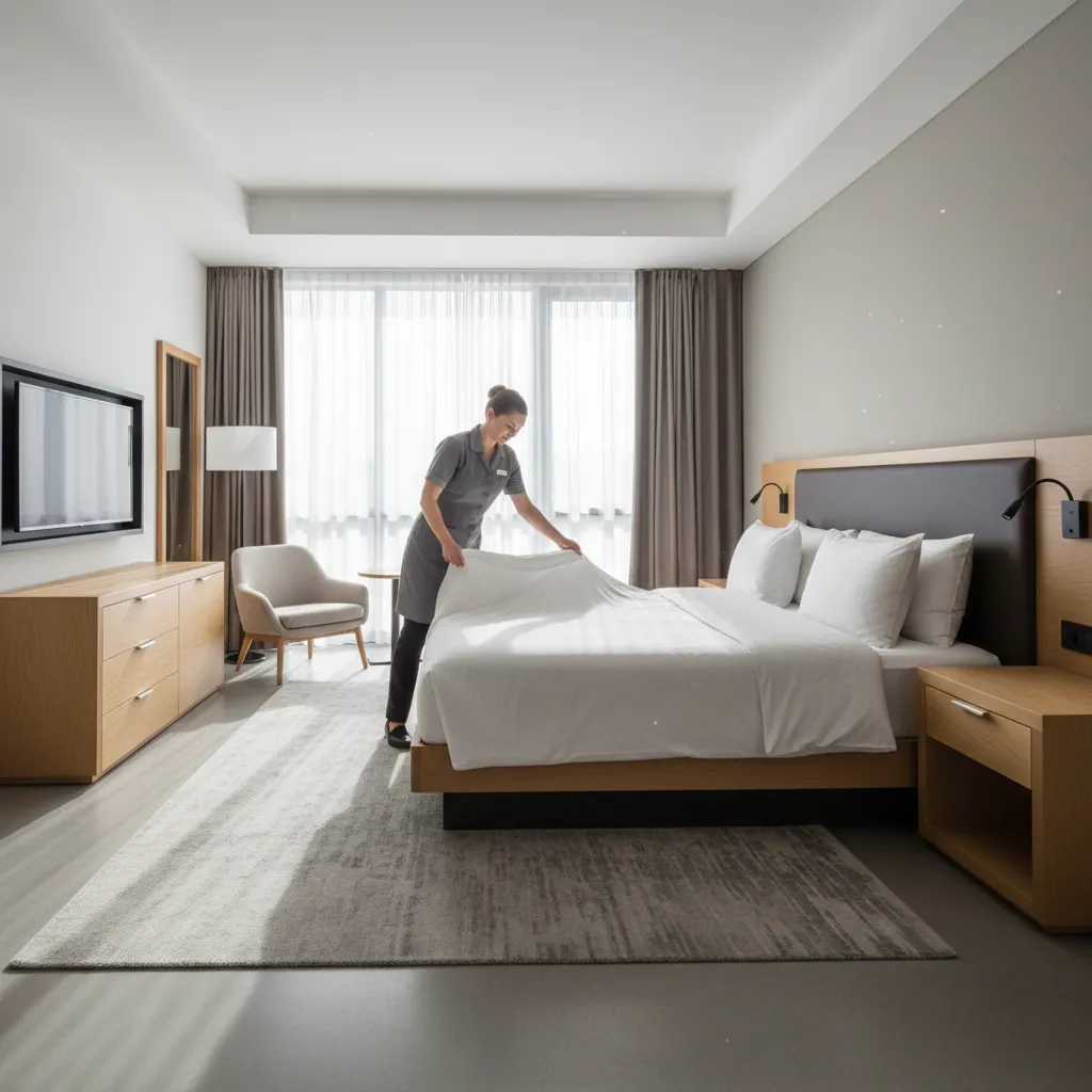 Professional housekeeper quickly making a hotel bed during room turnover