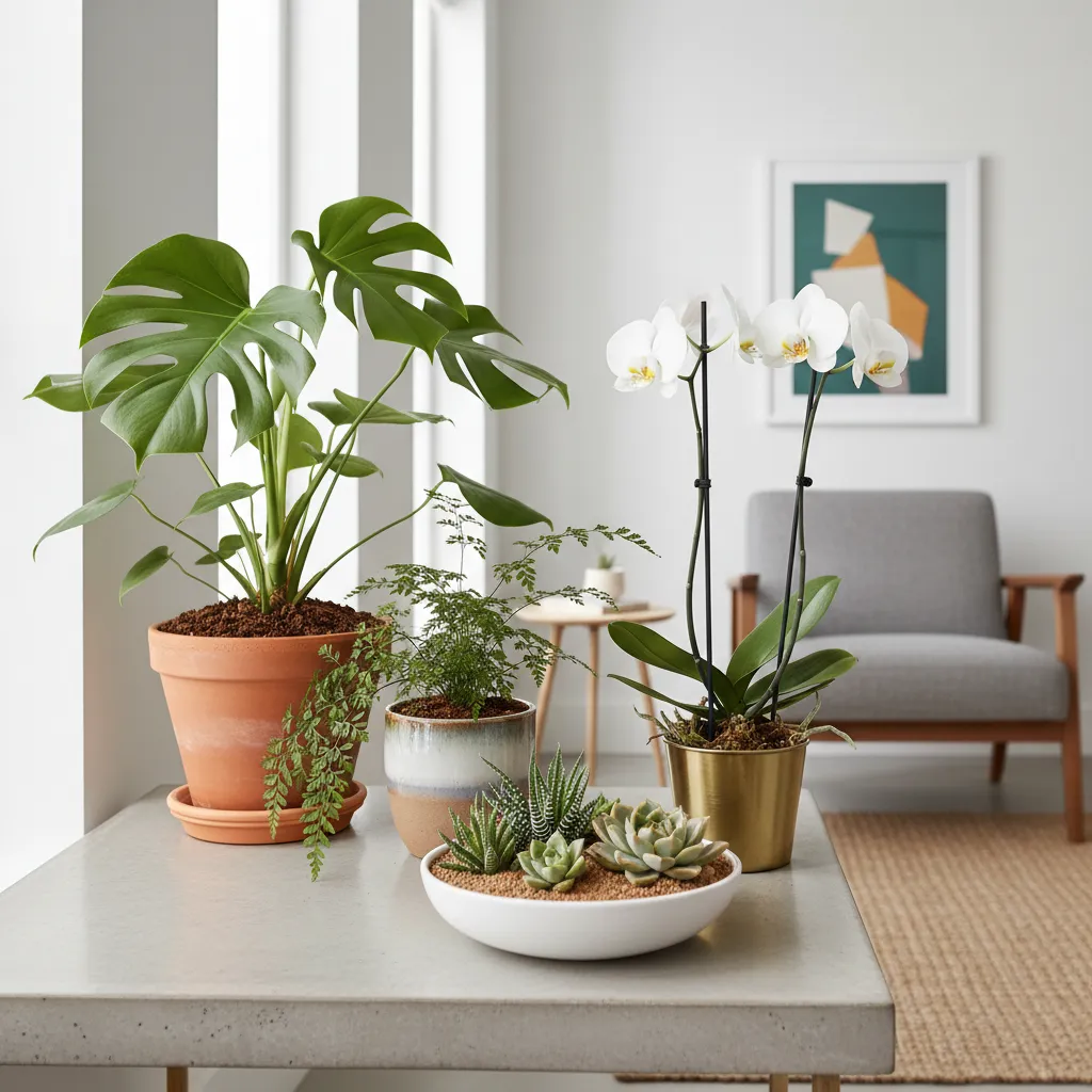 Different houseplants with appropriate potting soil types