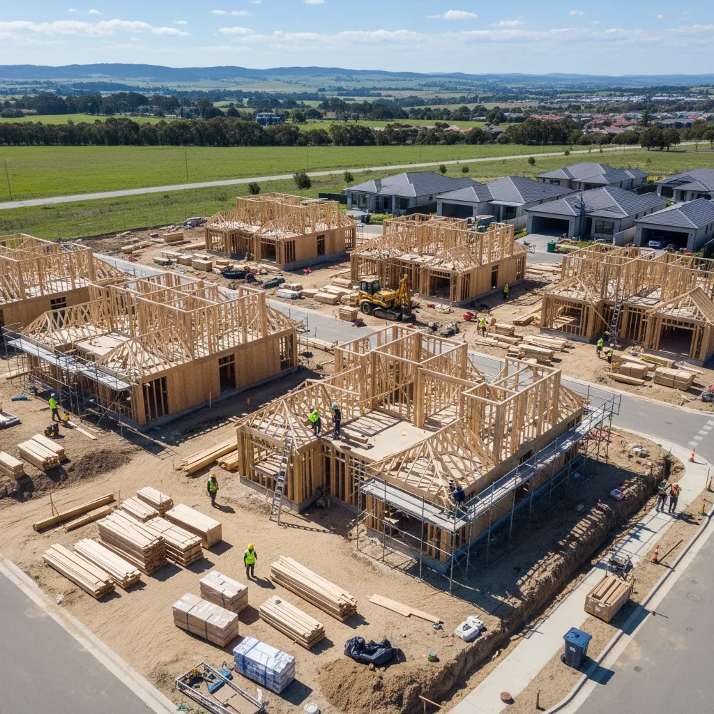 Active suburban housing construction development with multiple houses being built