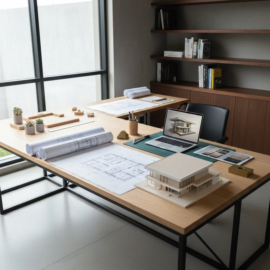 Wooden desk with house plans, a laptop with interior design drawings, and a house model