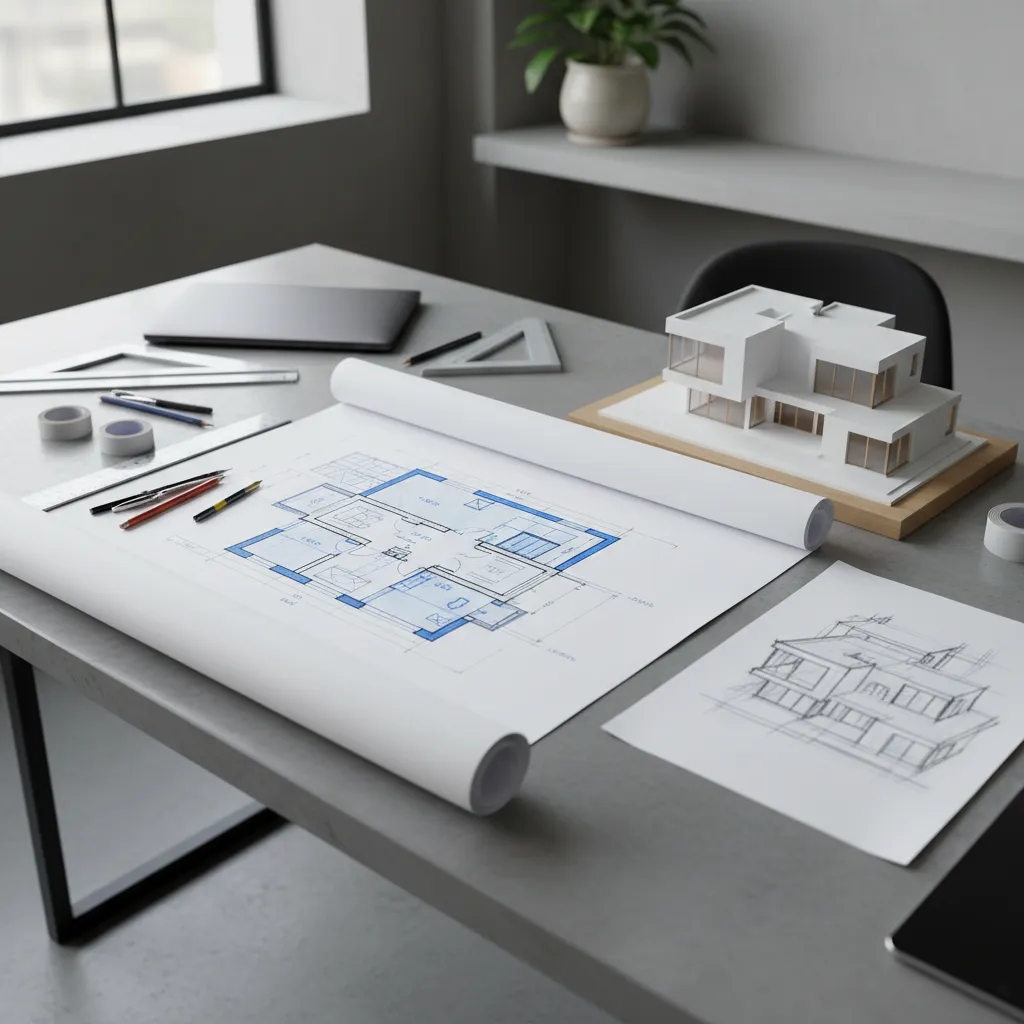Desk with white house model interior design drawing pencils rulers and small hand drawn house sketch