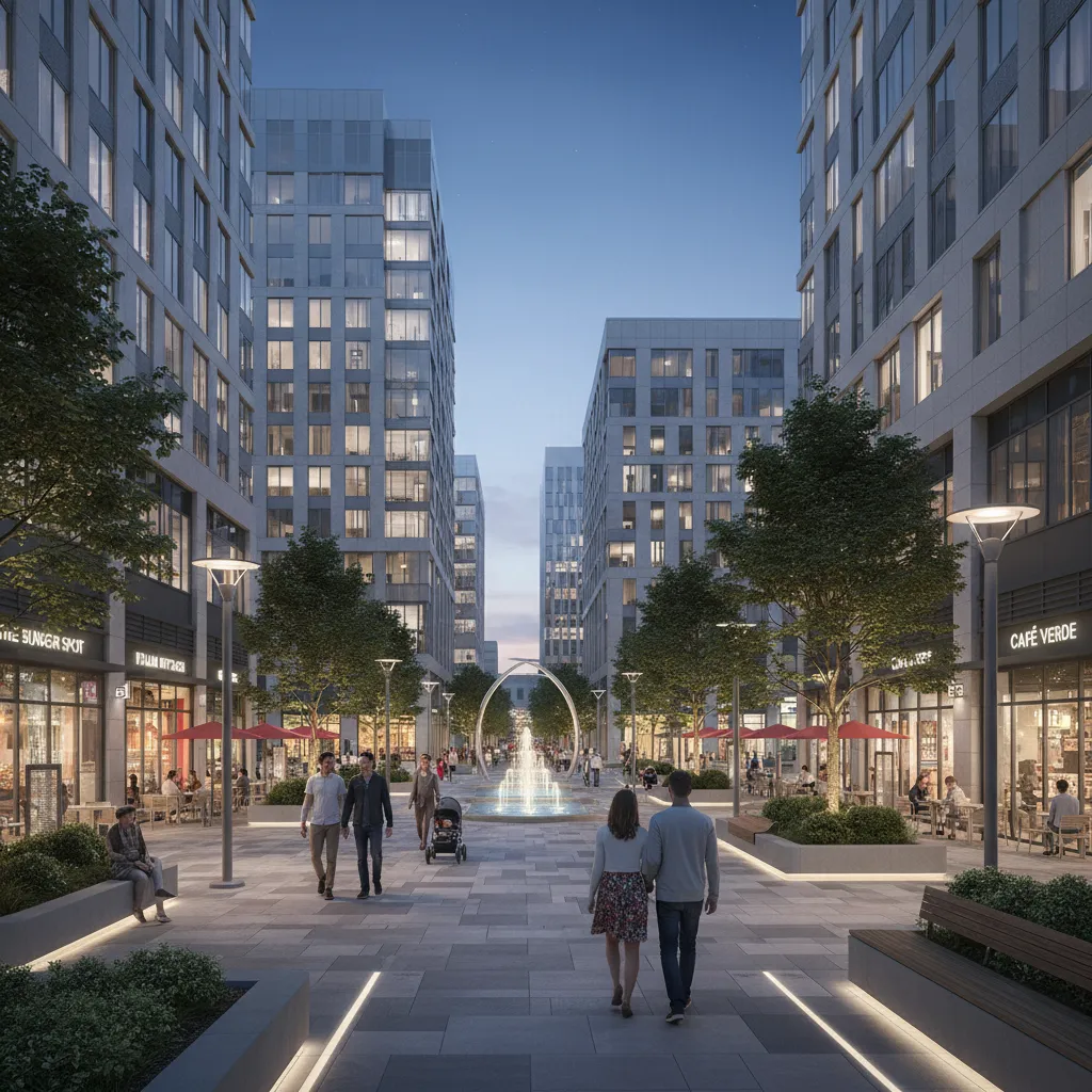 Hudson Lights Fort Lee mixed use district with restaurants and modern buildings