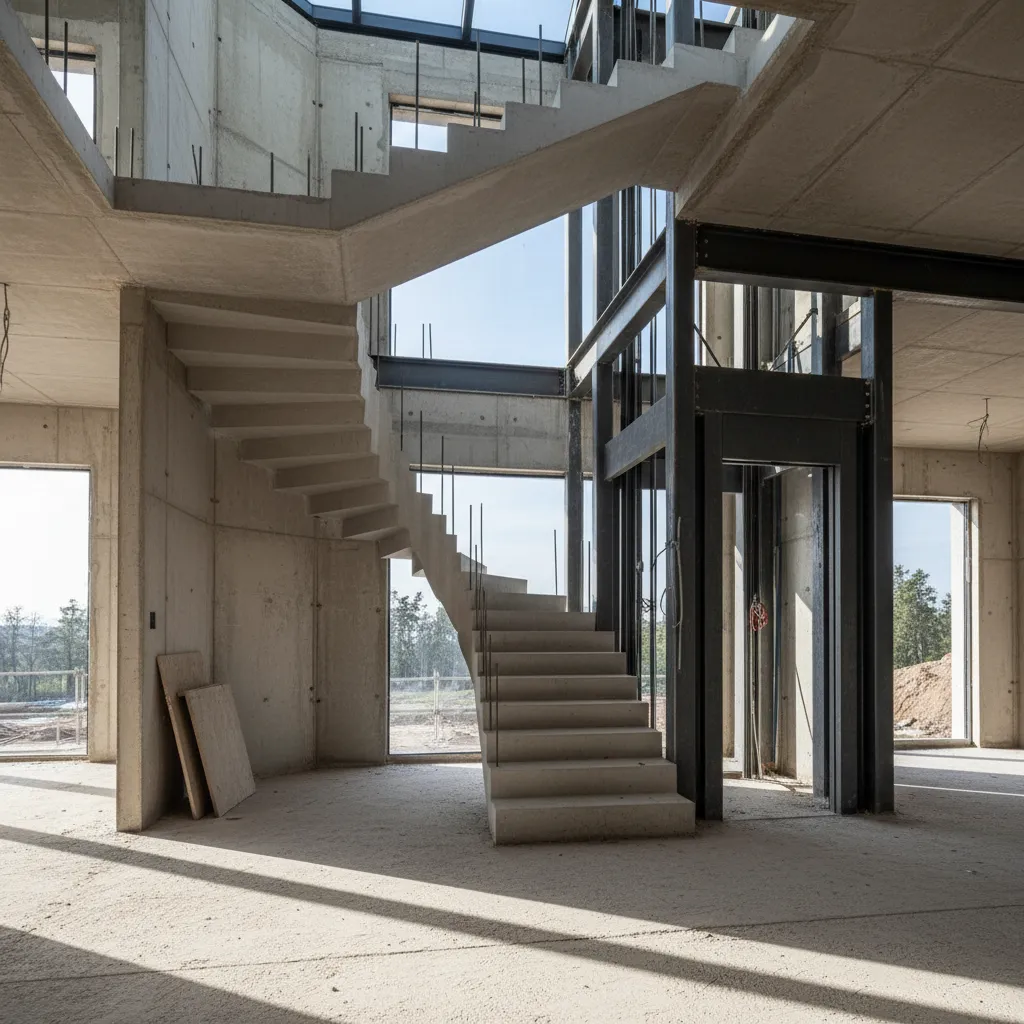 Hueco estructural para ascensor junto a escalera interior durante diseño de vivienda
