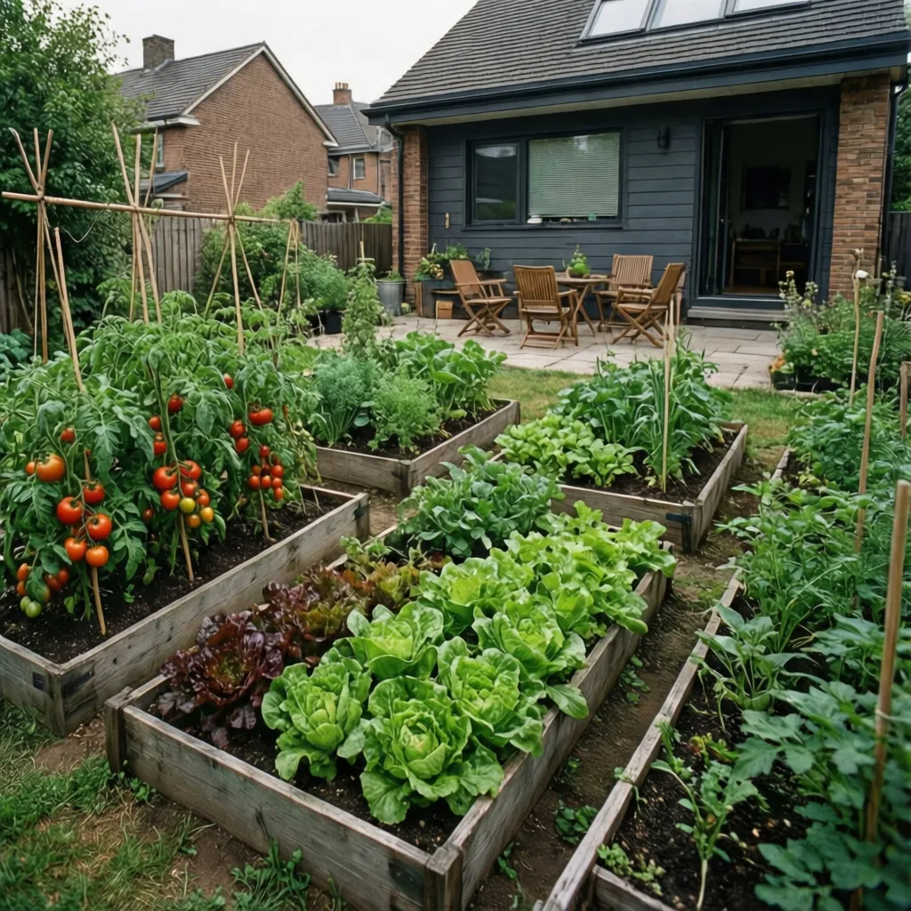 Pequeño huerto doméstico bien organizado con varios cultivos