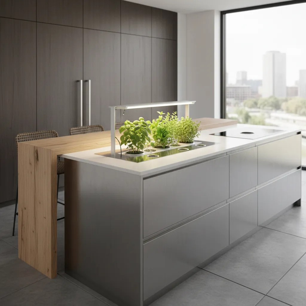 Huerto inteligente integrado en cocina comunitaria interior