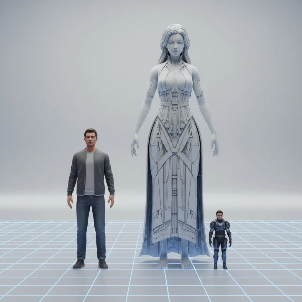 comparison of normal human 3d model height next to oversized and tiny characters