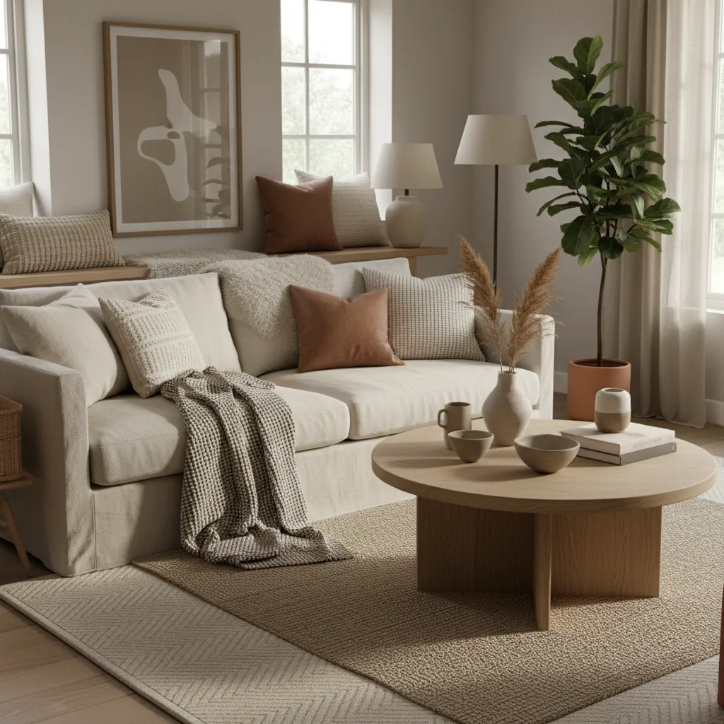 Cozy living room with beige sofa wooden coffee table potted plant and warm natural light