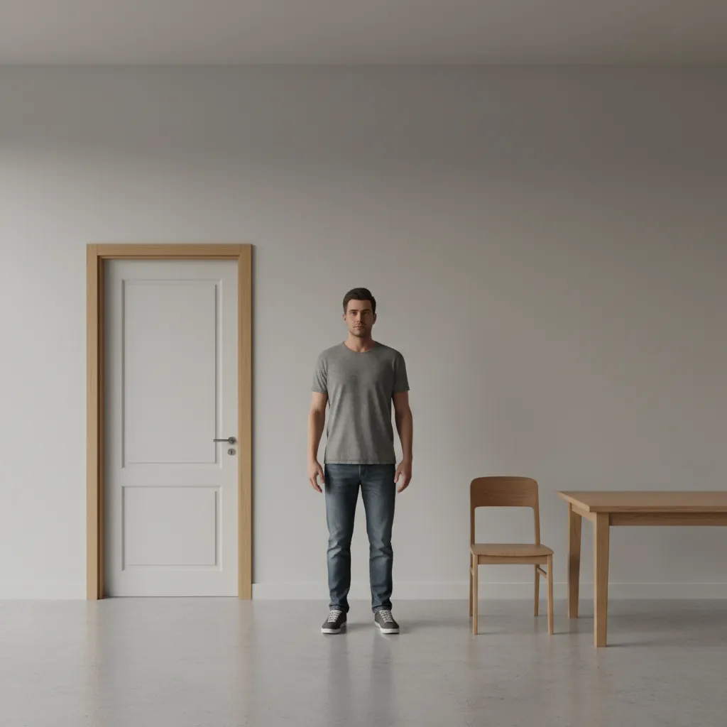 3D character standing next to doors and furniture for scale reference
