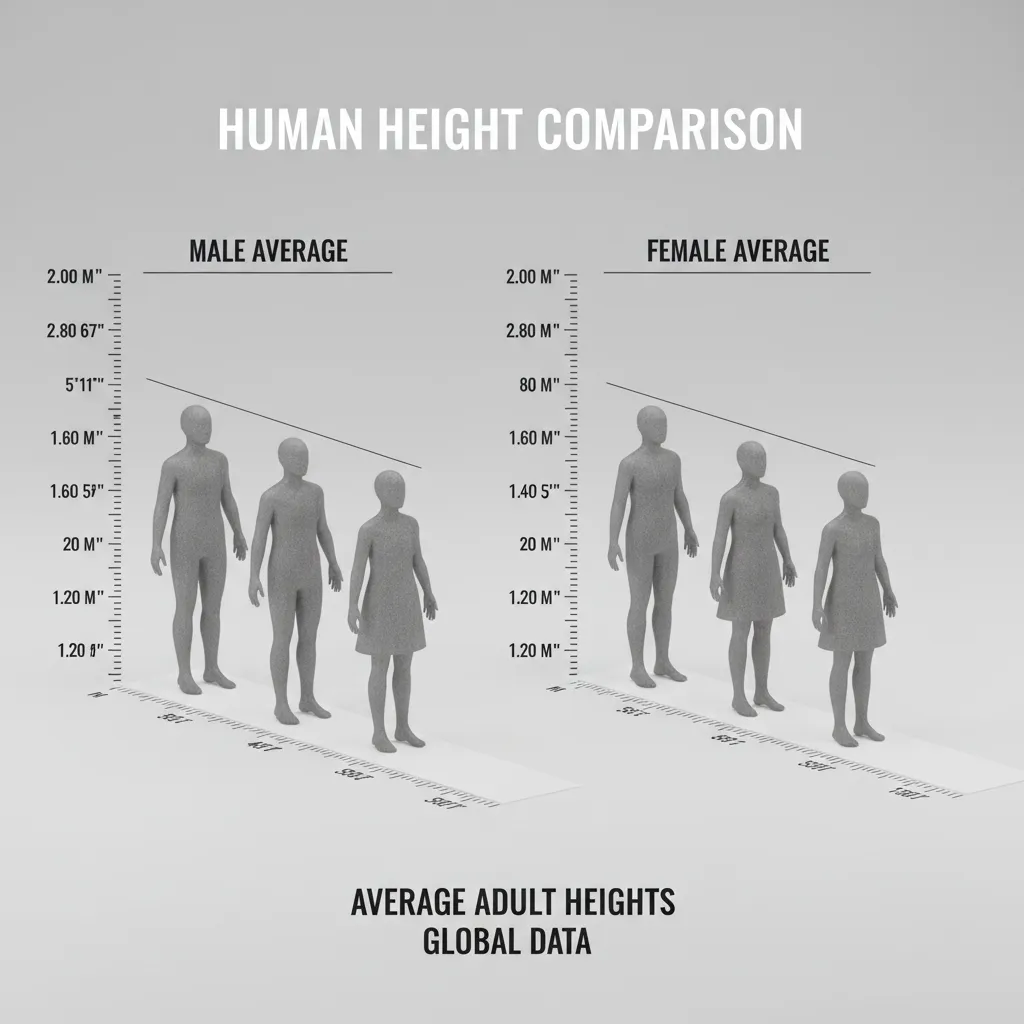 3D human height reference chart showing different average adult heights
