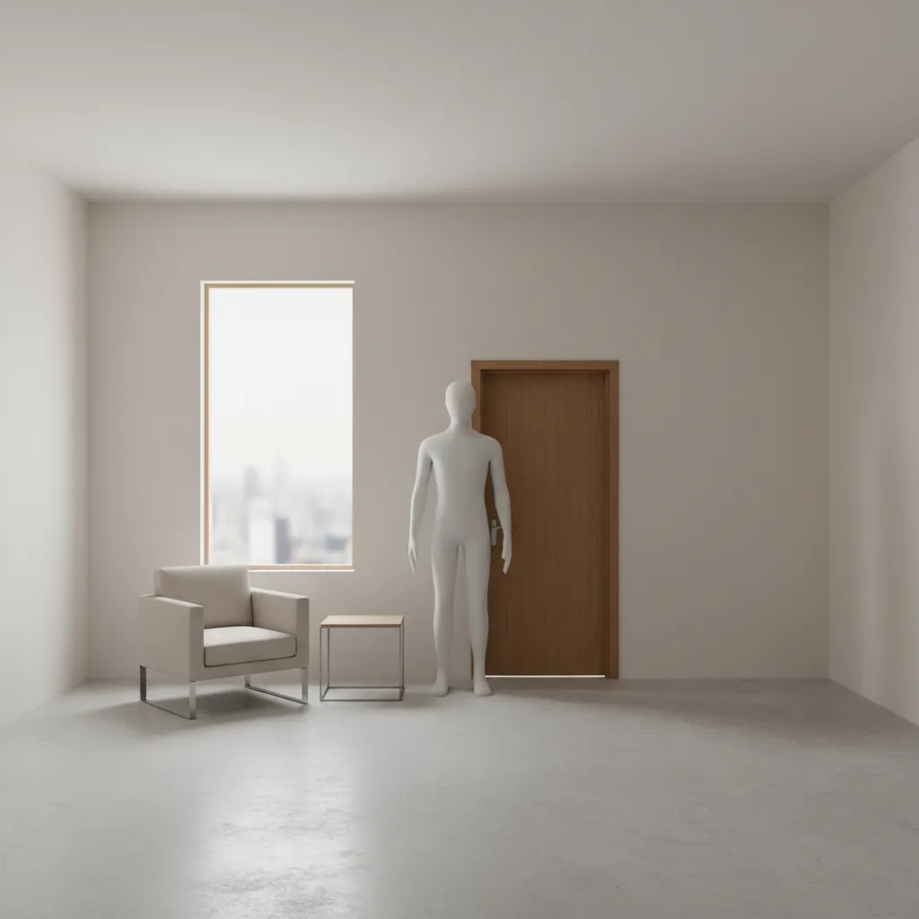 Human 3D model scale reference with doors and furniture for size comparison