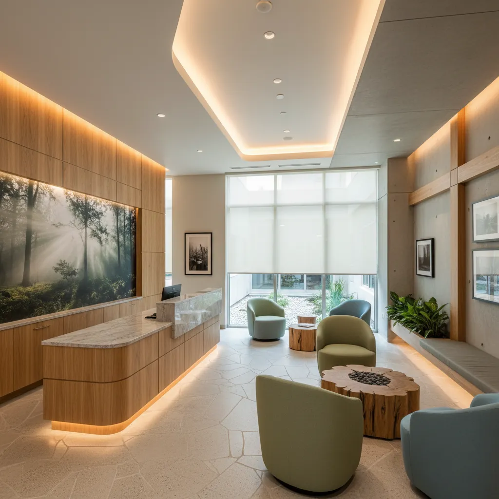 Clínica médica con diseño humanizado usando materiales naturales y arte mural
