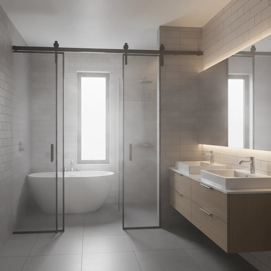 humid bathroom with bifold barn door and steam from shower