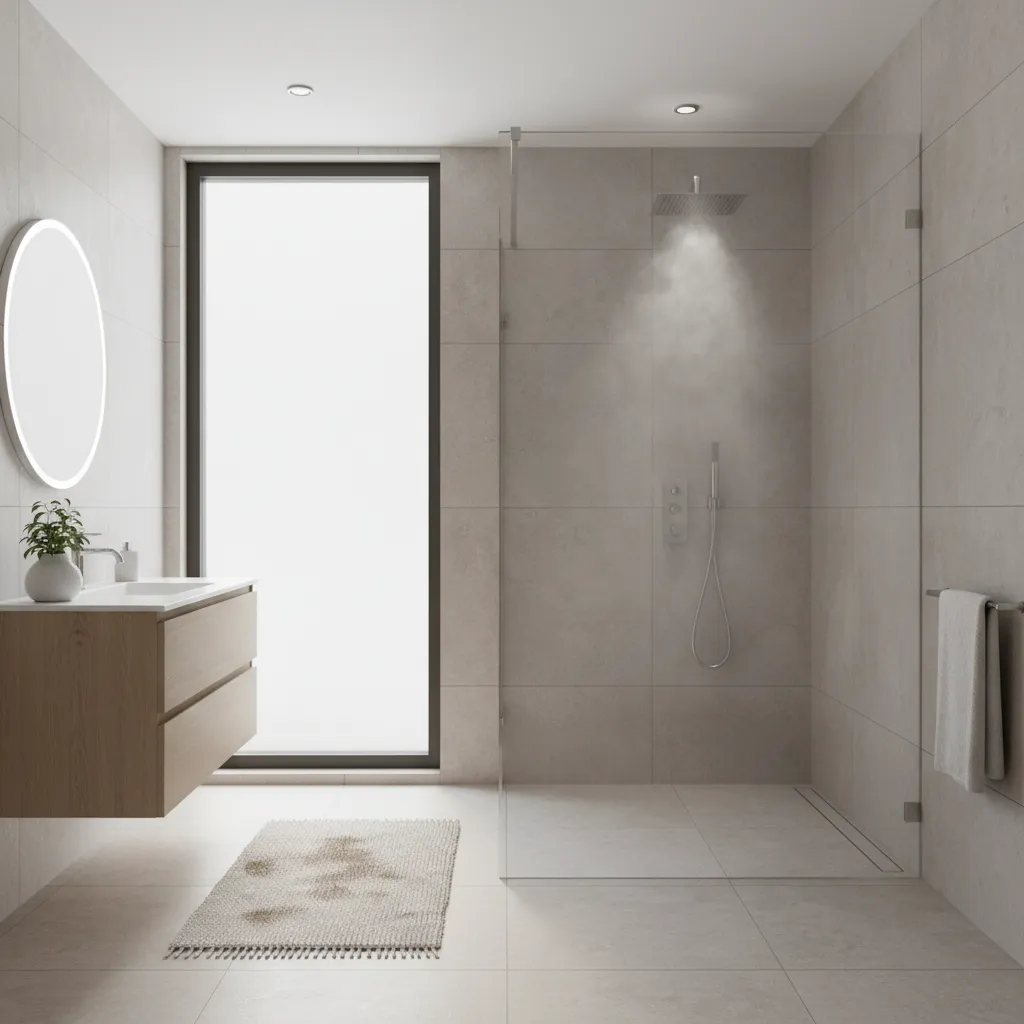 bathroom carpet near shower showing high humidity environment risk