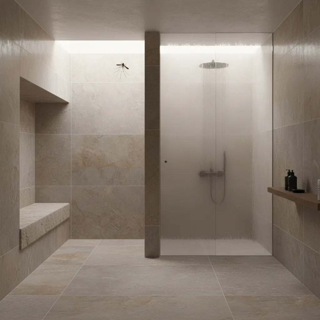 humid bathroom corner where mosquitoes may rest near shower and tiles