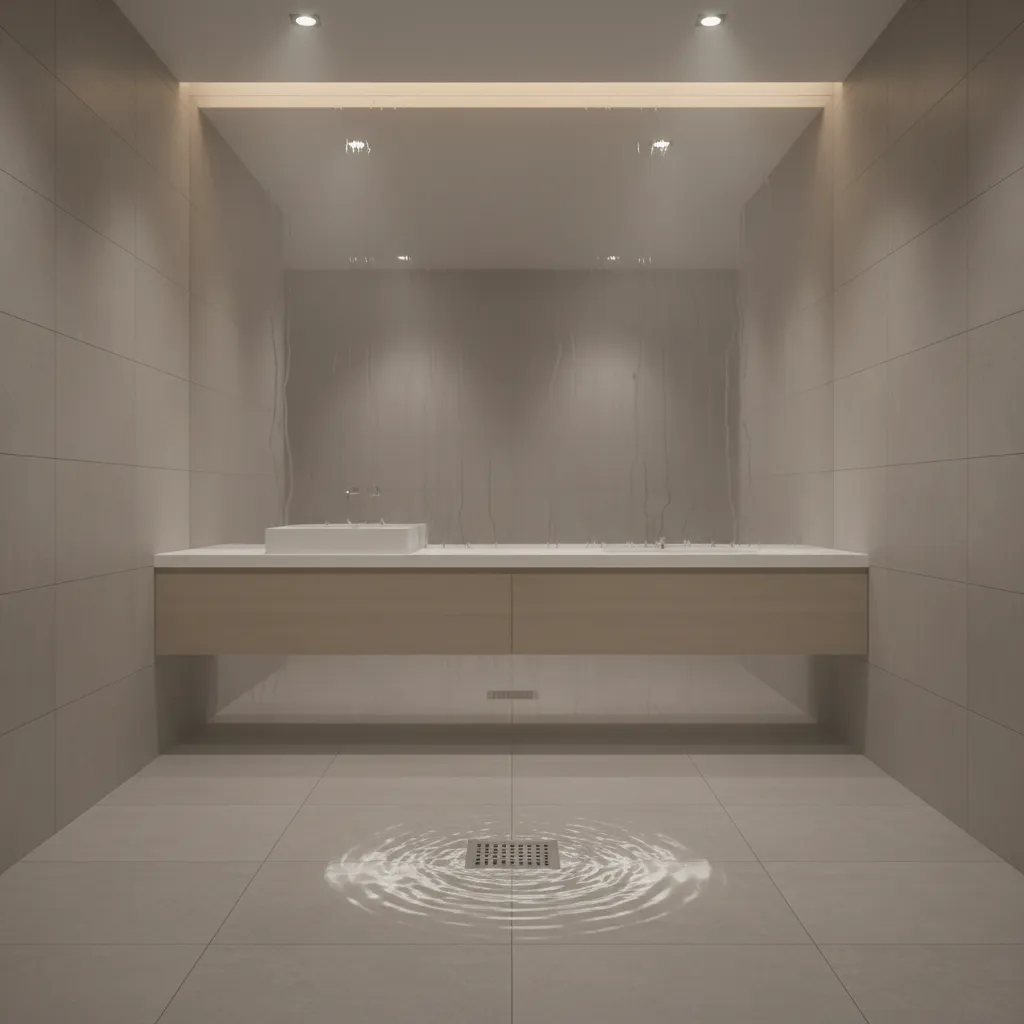 humid bathroom with condensation and standing water near drain attracting mosquitoes