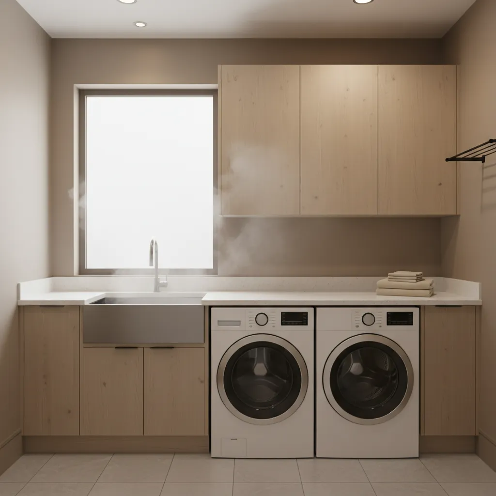 Laundry room with washer dryer producing humidity and condensation near walls