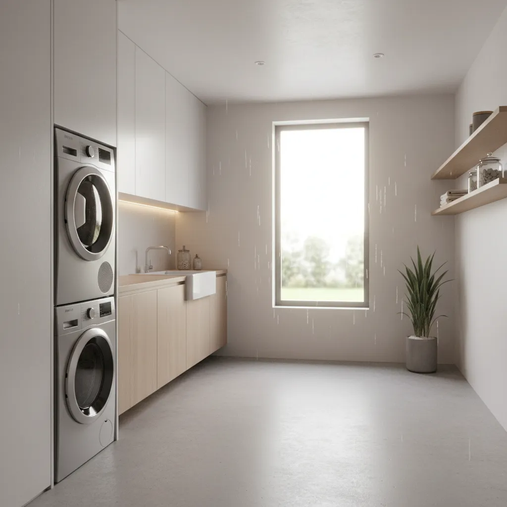 Laundry room with painted concrete floor exposed to humidity