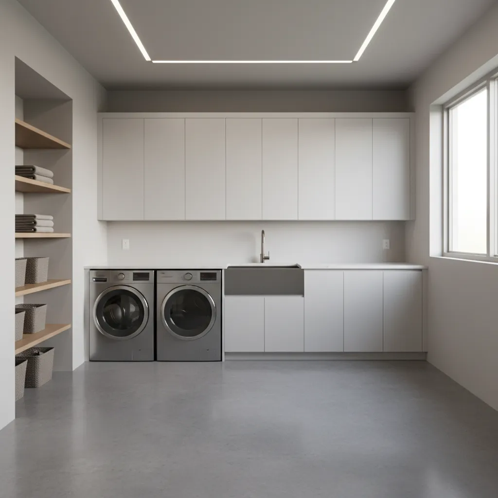 Laundry room with painted concrete floor exposed to humid environment