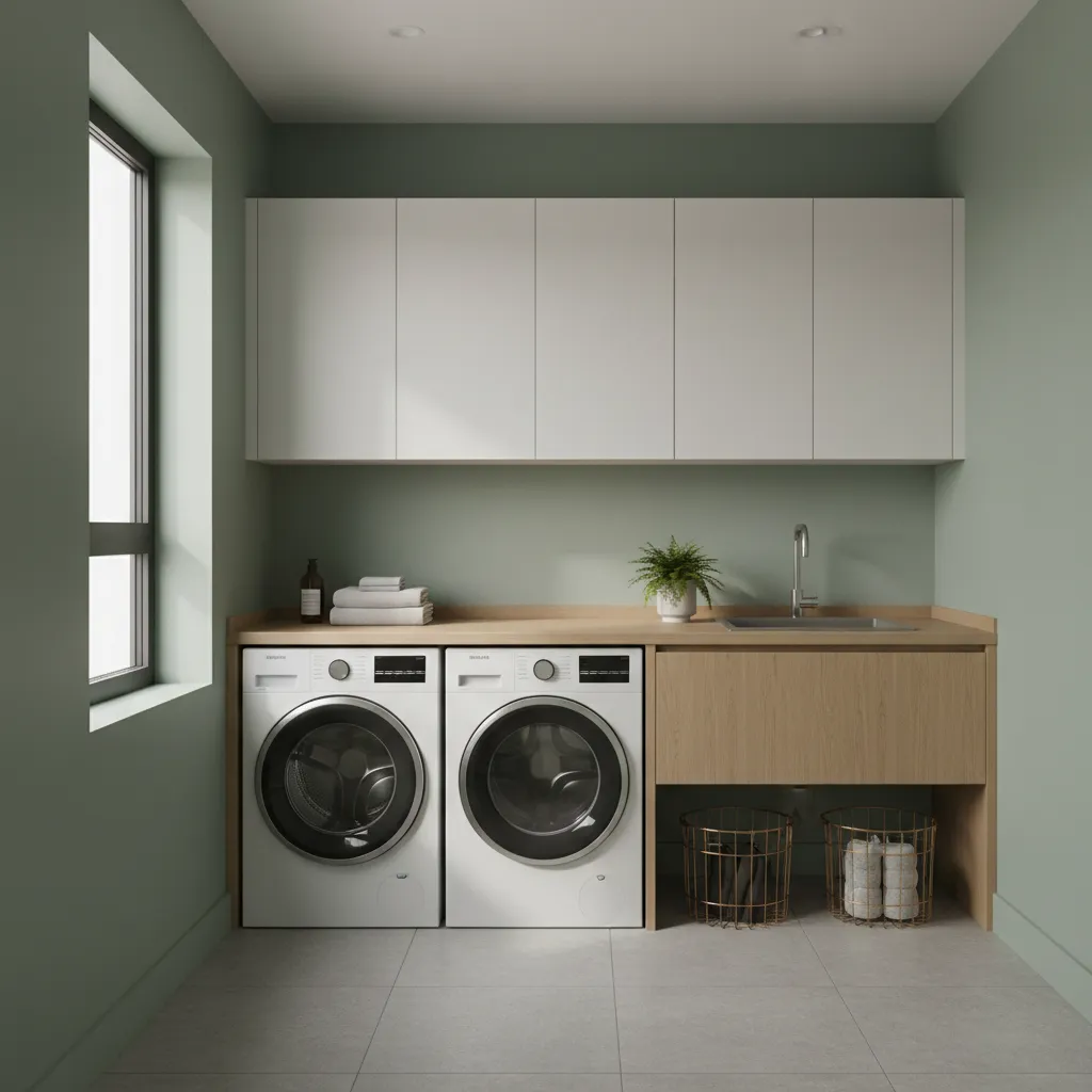 Laundry room with moisture resistant paint and washer dryer setup