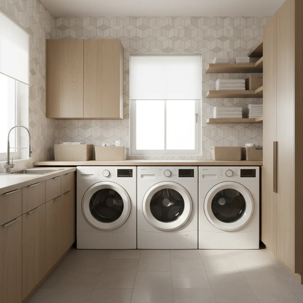 Laundry room interior showing wallpaper used in a humid utility space