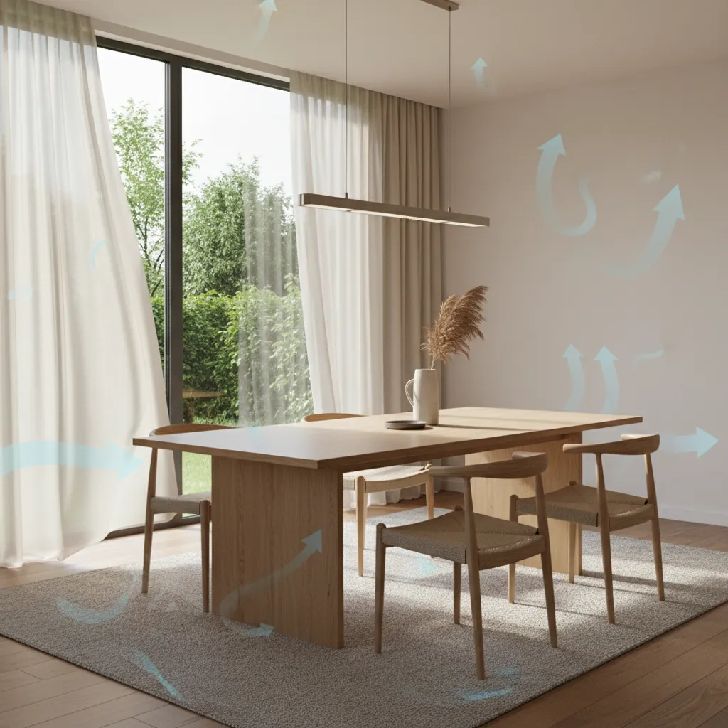 diagram style scene showing humidity impact on wooden dining table