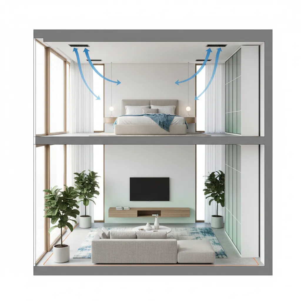 Interior diagram showing humidity and cooling airflow inside a home