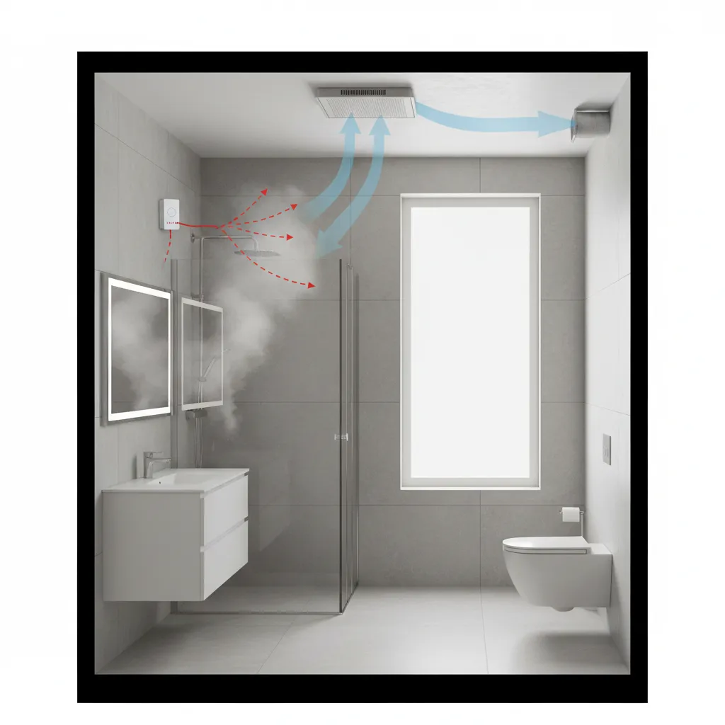 Illustration of humidity sensor detecting moisture and activating bathroom fan