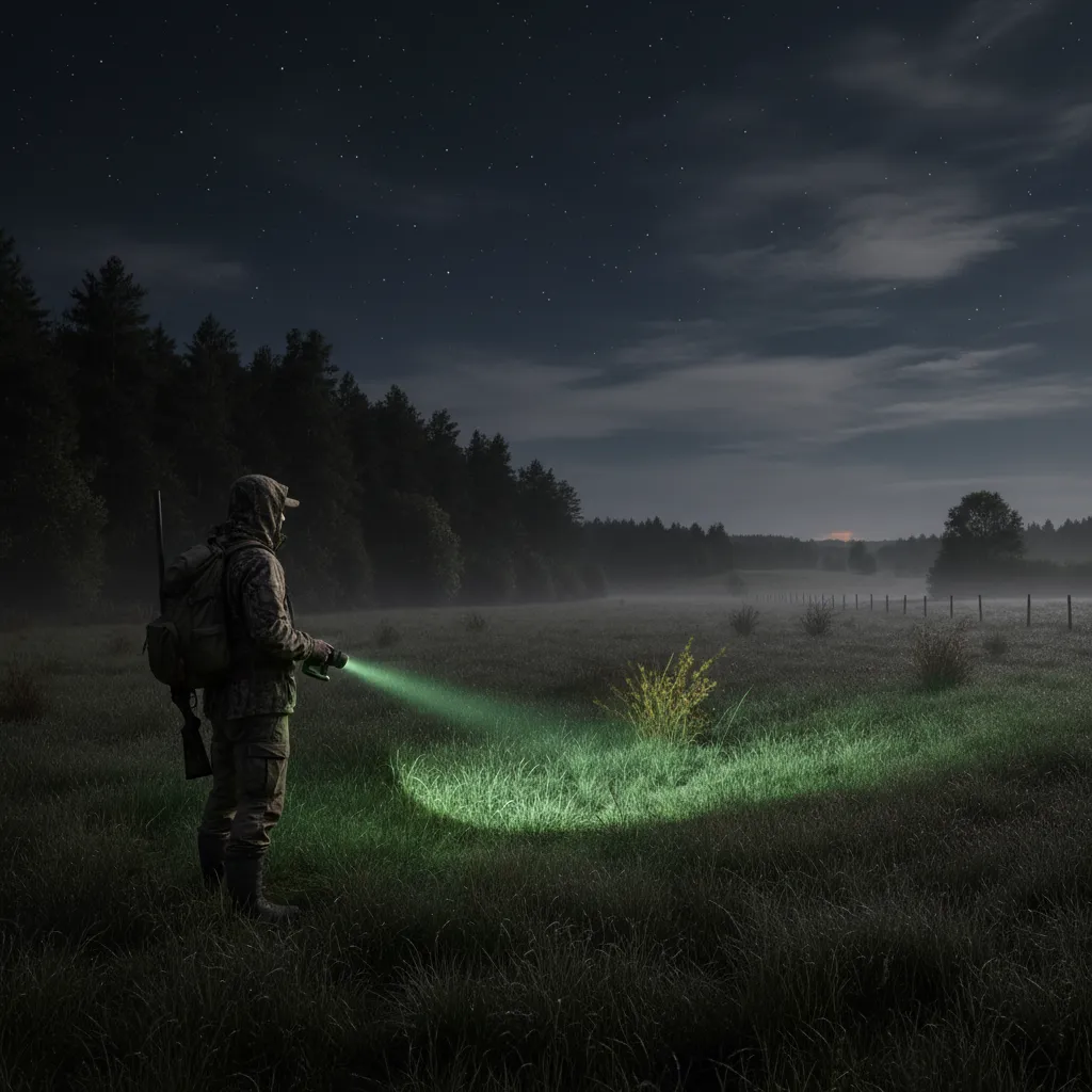 Hunter slowly scanning a field with a green hunting flashlight at night