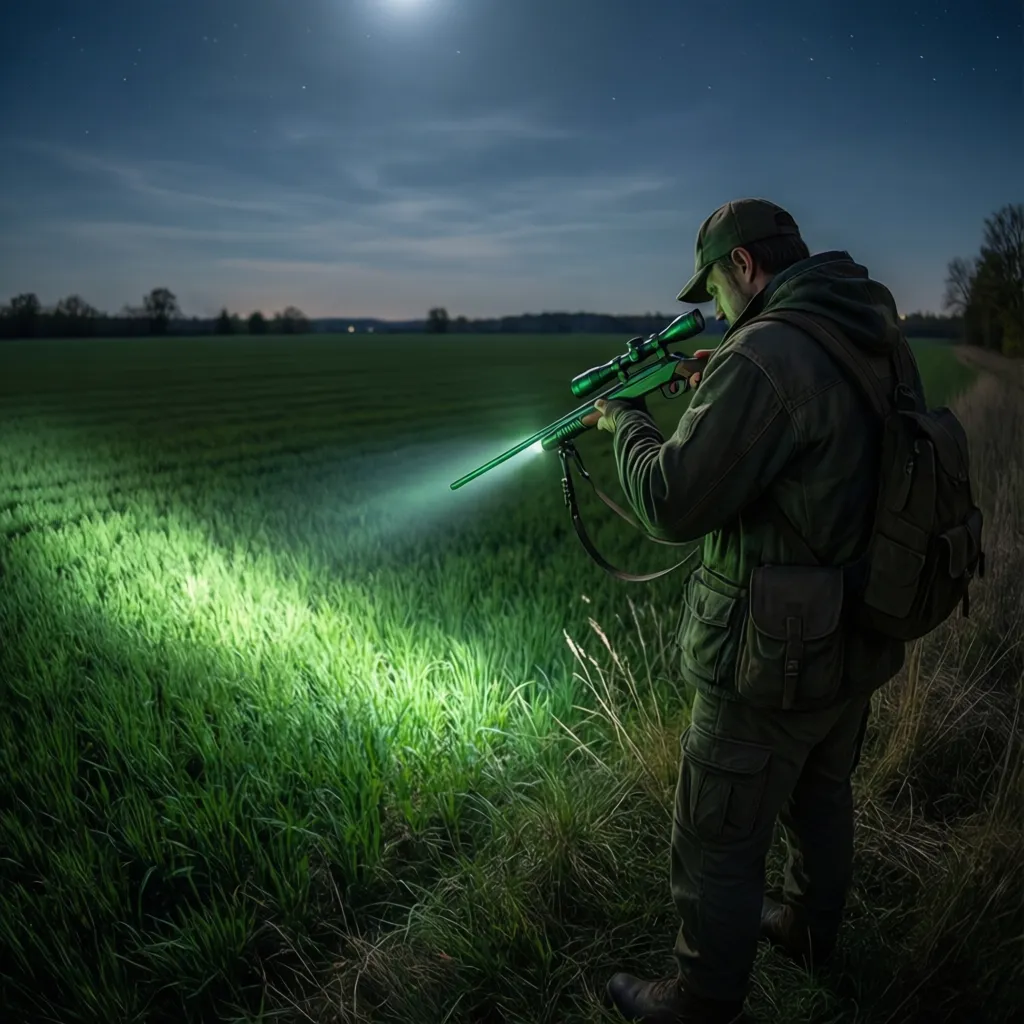 hunter scanning field with green hunting light at night