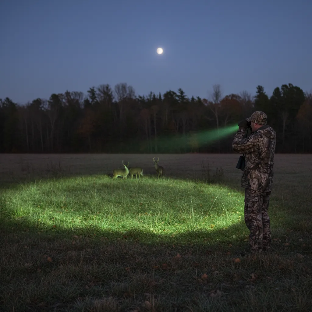 Hunter scanning open field with green hunting light at night