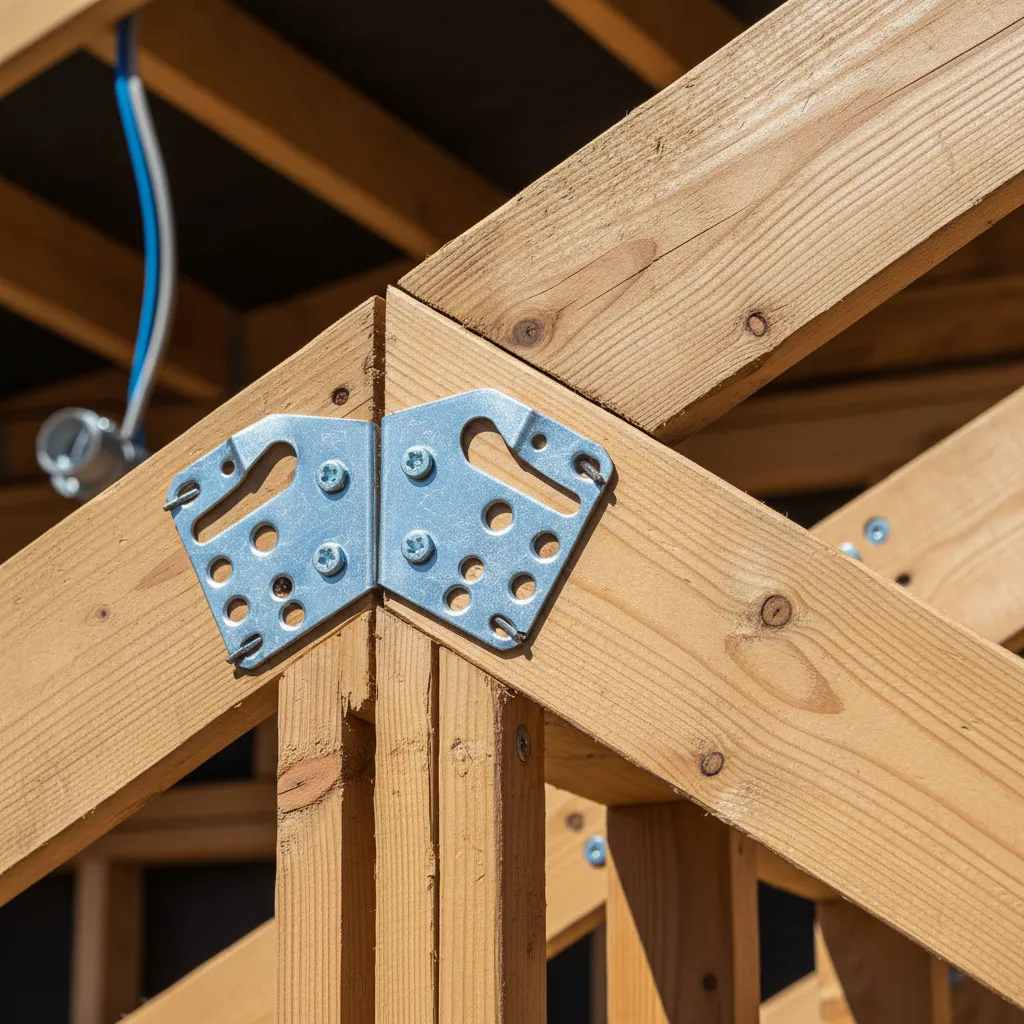 Roof framing with metal hurricane ties connecting rafters to wall studs