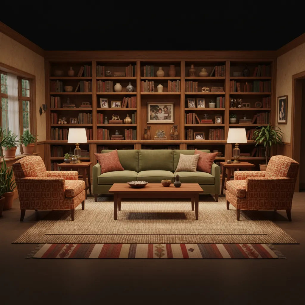 huxtable living room style furniture layout with sofa chairs and layered decor