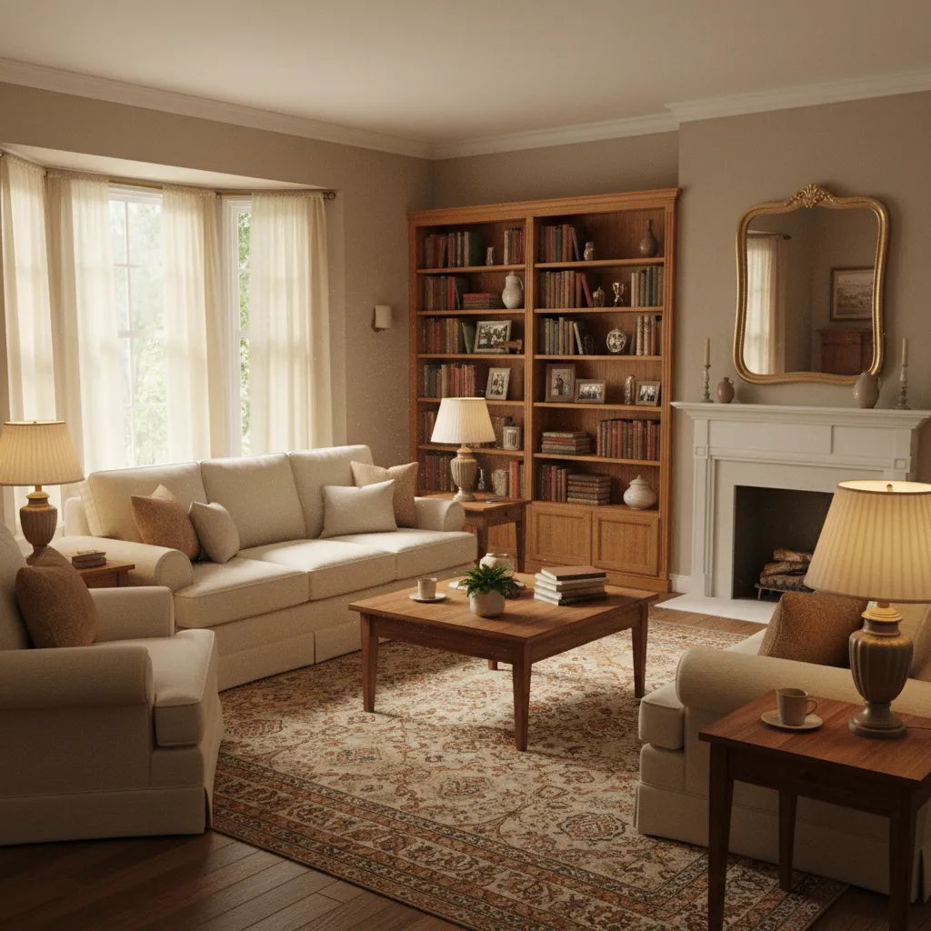 Living room inspired by Huxtable house showing warm tones, sofa, chairs, and bookshelves