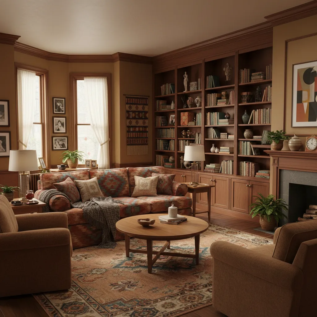 warm brownstone style living room inspired by the Cosby Show with layered furniture and bookshelves