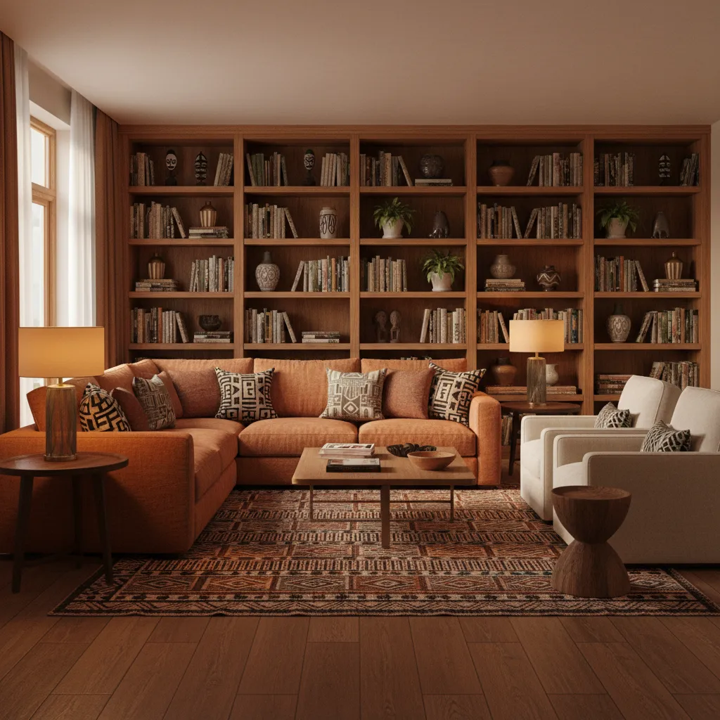 cozy living room inspired by Cosby Show with warm lighting and layered decor