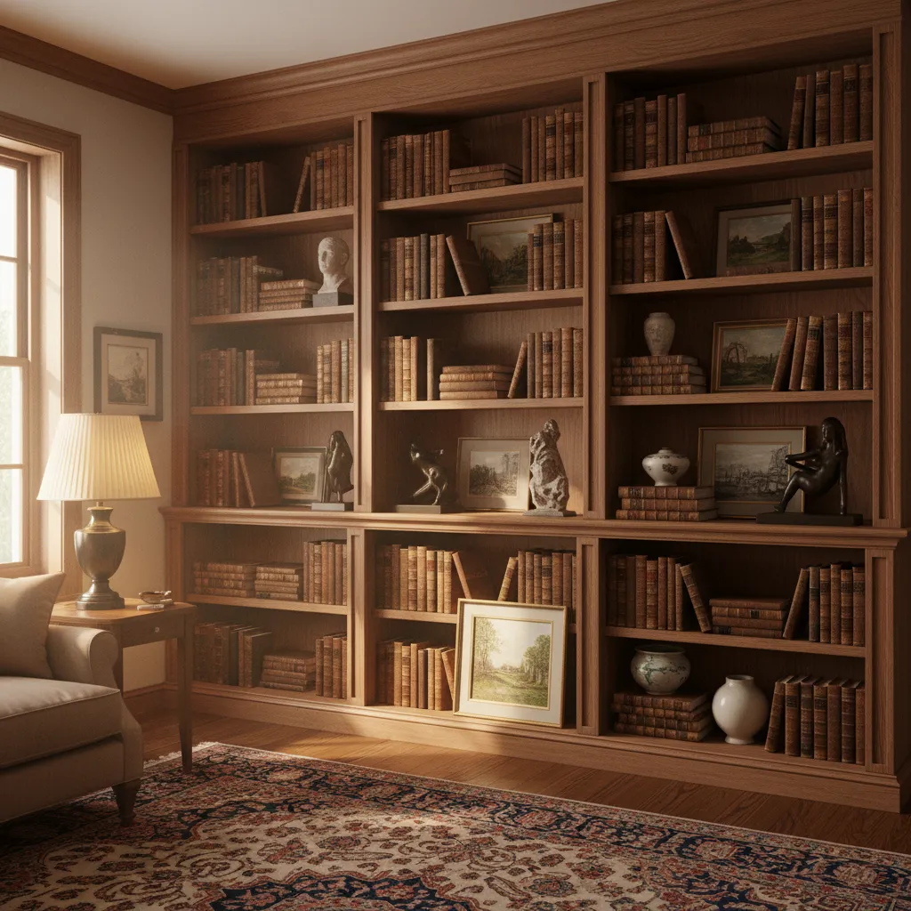 Bookshelves with books, art, and cultural decor creating intellectual living room atmosphere